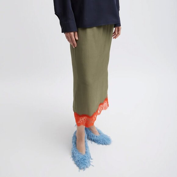 NWT TIBI Olive/Orange LACE trim applique slip MIdi Skirt size SMALL - Picture 2 of 3